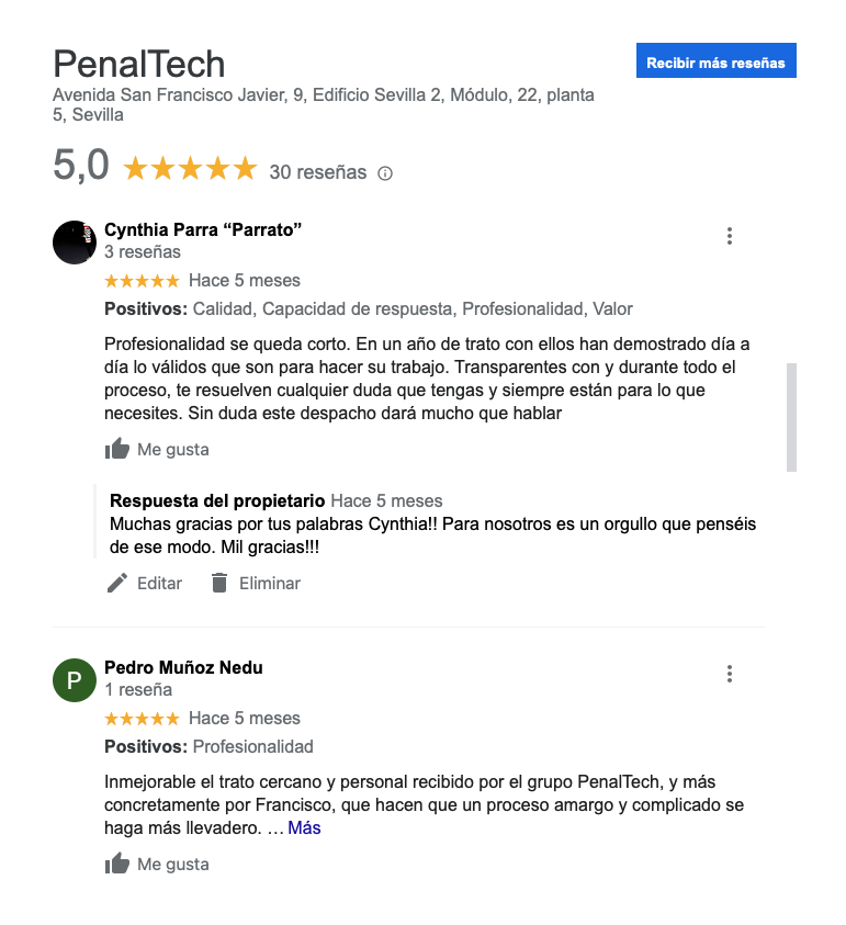 PenalTech. Valoraciones de otros usuarios en Google. Mejor abogado penalista