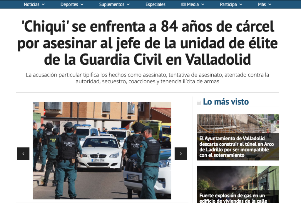 Asesinato de 1 Guardia Civil en Valladolid. Publicación en medios.