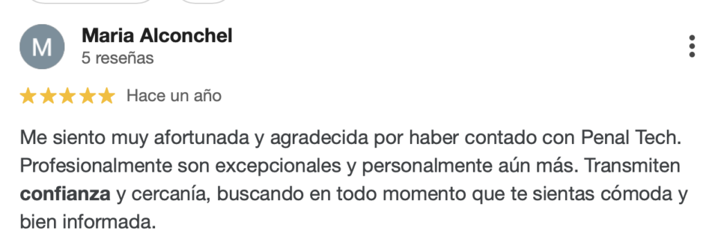 cuánto cobra un abogado penalista en España. Reseña de google de PenalTech. ejemplo 1