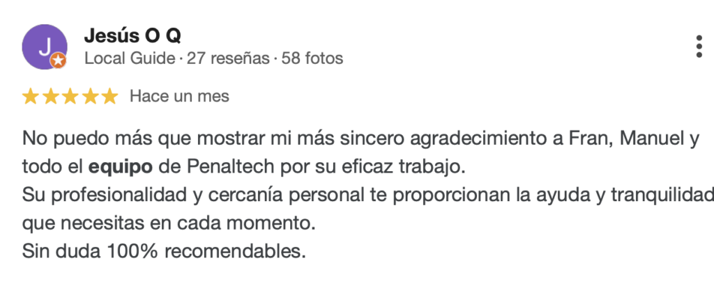 Cuánto cobra un abogado penalista en España. Reseña de PenalTech en Google. 